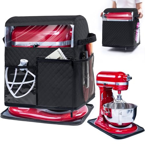 BAGSPRITE Stand Mixer Cover with Detachable Appliance Sliders Base | Compatible with KitchenAid 4.5/5 Quart mixers; storage bag with pockets for accessories and attachments, dust protection