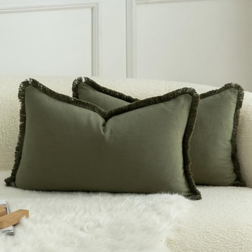 Mandioo 2er Set neutralen Baumwolle Quasten Kissenbezug 40x60cm Dekorative Kissenbezüge Dekokissen Boho Sofakissen Kissenhülle für Couch Sofa Schlafzimmer Wohnzimmer Heimdekoration Olivgrün