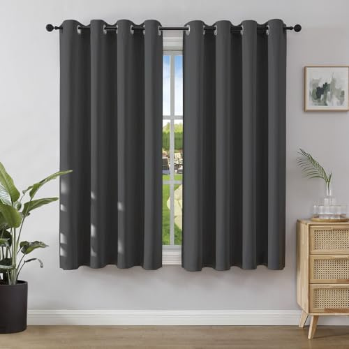 Joydeco Verdunkelungsvorhänge Dunkelgrau mit Ösen 2er Set H 145 x B 140 cm, Kurze Vorhänge Blickdichte 145 cm Lang für Küche Schlafzimmer