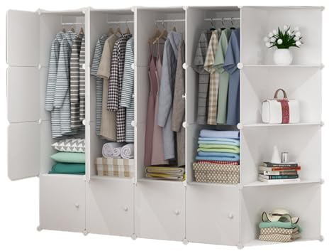 MAGIC SELECT Armadio modulare, Scaffalatura Modulare, Armadio Organizzatore Modulare per Abiti per la Casa, Ripiano Portaoggetti per Camera da Letto, 20 Moduli, 3 Barre, 175x140 cm, Bianco
