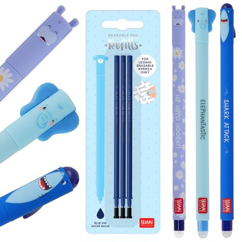 Set mit 3 radierbaren Gelstiften, Stifte + 3 blauen Nachfüllminen, mit thermoempfindlicher Radiertinte, 0,7 mm Spitze, Hai, Elefant und Nilpferd