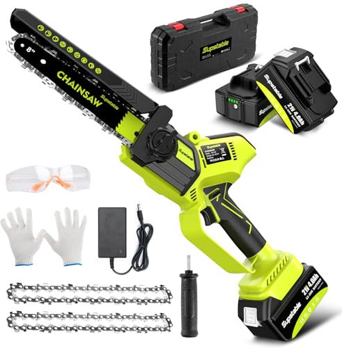 Supstable Mini Motosega a Batteria 6 Pollici, Motoseghe Elettrica Brushless, 2 Batterie 2.0 Ah E Caricabatterie, Sega a Batteria per Alberi Da Giardino, Potatura Rami E Taglio Legna