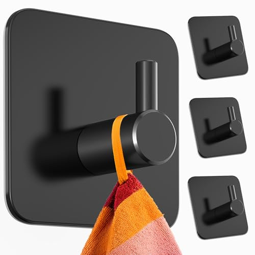 Menz Ganci per asciugamani senza foratura, confezione da 4 – Portasciugamani extra forti senza foratura, Nero, gancio adesivo in acciaio inox, gancio autoadesivo con cuscinetti adesivi impermeabili