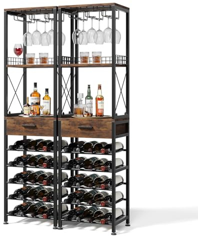 Warmiehomy Wine Racks Free Standing with 20 Wine Bottle Holder, 3 Rows Wine Glass Holder, Wooden Drawer, Floor Wine Storage Shelf for Home Bar Living Room Kitchen Dining Room Office, Pack of 2