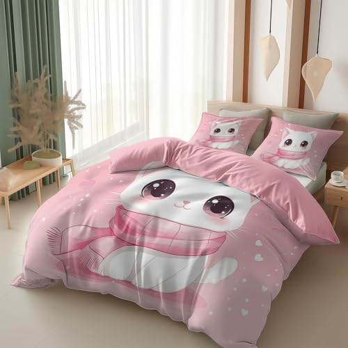 Srigzcaly Housse de Couette 140 x 200 cm Chat Blanc Mignon de Dessin Animé Parure de Lit Rose pour Garçons Adulte en Microfibre Réversible 1 Personne + 2 Taies d'oreiller 65 x 65 cm