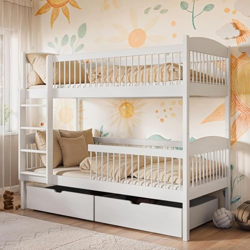 Kids Collective Hochbett Kinder, Etagenbett, Kinderbett | Massives Kiefernholz, 2 Schubladen, sicher & funktional | Größen: 80x180, 90x190, 90x200 cm | 90x190 cm von 4. bis 18. Lebensjahr | Weiß