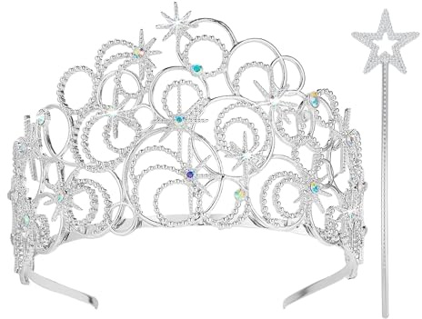 Alaxciax Wicked Krone, Tiara Silber Bubble Crystal Prinzessin Crown Diadem Silber mit Zauberstab für Frauen für Karneval Halloween Geburtstag Braut Party