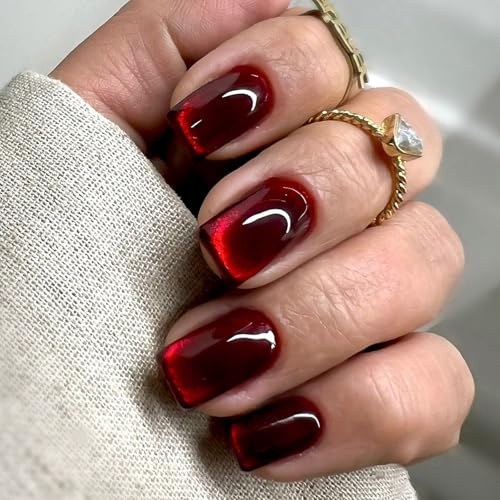 Viugex 24 Pièces Faux Ongles Français Court Carrés, Œil de Chat Rouge Ongles à Coller Glossy Ballerine Press on Nails, Réutilisables Acrylique Artificiel Capsules Ongles pour Femmes Filles Nail Art