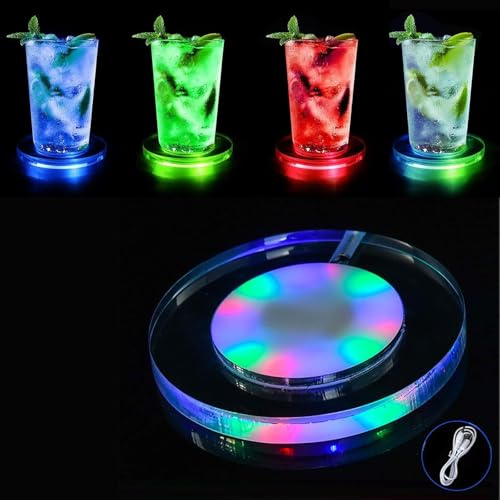 sous-Verre LED - Lot de 4 sous-Verres Lumineux Rechargeables, 3 Modes d'éclairage pour bière, Cocktail et vin - Idéal pour Les fêtes, Mariages, Bars et discothèques (Couleur, Circulaire)