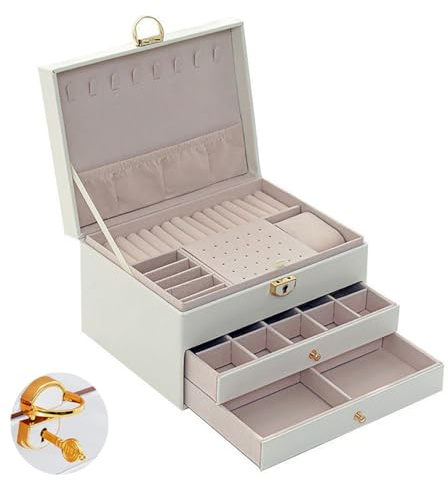 Mujiluxe smyckesförvaring 3 nivåer, stapelbar smyckesförvaring, förvaringsbox med fack, med lås och nycklar, 2 lådor, för ringar örhängen armband halsband (pärlvit)