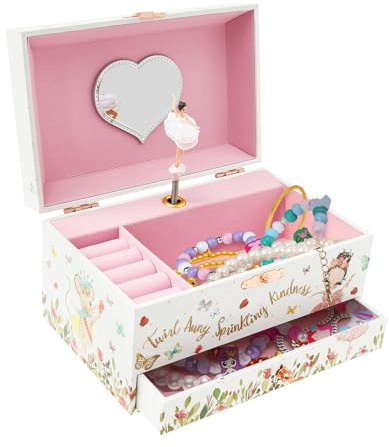 Alongen Musical Jewellery Box for Girls, 2 Layer Kids Dancing Music Box with Mirror Jewelry Organizer with Drawer Bracelet Ring Holder Case for Girls Kids Present(White)