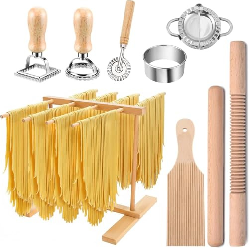 9 PCS Pasta Making Tool Set – Drying Rack, Ravioli Cutter & Moulds, Gnocchi Board & Rolling Pins, Dumpling Tools, Wooden Pasta Maker Kit Accessories for Home