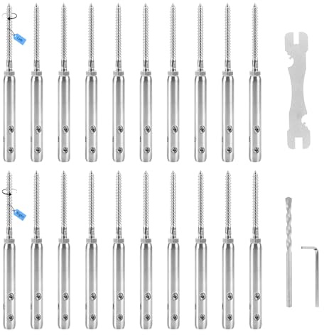 SUPAWAY Stålspännare staketspännare 3 mm spännskruv repspännare, trådspännare T316 rostfritt stål set för skruvning för staketspännare, vajerspännare, räcke – 10 x högergänga och 10 x vänstergänga (20