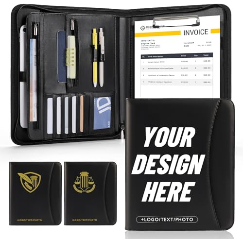ENOMY Personalisiert Business Mappe A4 mit Reißverschluss - Ledermappe als Professionelle Dokumentenmappe und Konferenzmappe Schwarz