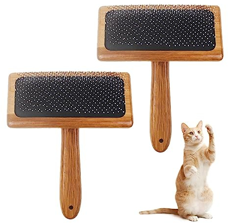2PCS Dog & Cat brush, Pet Slicker Brush with Bamboo Handle for Large Medium & Short Hair Elegant Grooming Comb for Removing Shedding, Tangles and Dirt