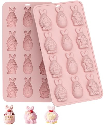 PTaizjjz Easter Chocolate Mould- 1 Pack 12 Cavities Egg Bunny Gnome Shaped Easter Silicone Candy Molds,Baking Pan for Gummies Jelly Making Cupcake Toppers Decor