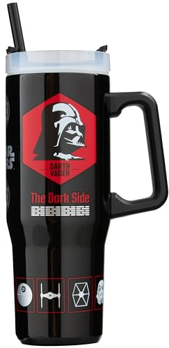 Get Trend Star Wars Tazza Termica con Manico e Cannuccia 920ml, Borraccia Termica Acciaio Inox a Doppia Parete Senza BPA, 42H Ghiaccio, 12H Freddo e 8H Caldo (Nero/Multi Darth Vader)