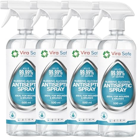 4 x 500ml Vira Safe 80% Pure Rubbing Alcohol Antiseptic Spray 500ml – Multipurpose Cleaning & Disinfecting Solution for Home, First Aid, Electronics, Glass & Stainless Steel (4 x 500ml)