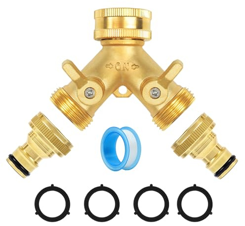 Homo Trends Hose Splitter 2 Way, Hose Connector, Garden Tap Splitter | Tap Connector with Quick Individual On/Off, 3/4 Brass Double Outlet Outdoor Water Taps Fitting with 2 Quick Connectors