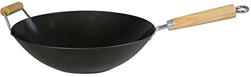Dexam Heavy Gauge Non Stick Carbon Steel Wok with Wooden Helper Handle,Black,34cm/14-inch