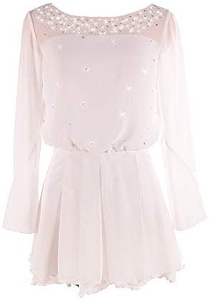 Ice Figure Skating Dress Girls Ladies Long Sleeved Beaded Roller Skating Skirts White