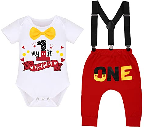 IBTOM CASTLE Baby Boys First Birthday Cake Smash Outfits Bowtie Romper+Adjustable Y Suspenders+Pants+Mouse Ears Headband 4pcs Gentleman Set Photo Shoot Red+White 12-18 Months