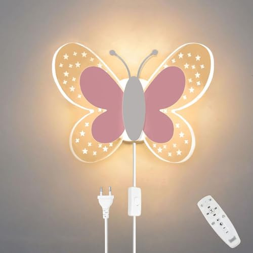 12W LED Wandleuchte mit Schalter Dimmbar Schmetterling Wandlampe Kinder Nachttischlampe mit Kabel Nachtlicht Modern Wandbeleuchtung mit Fernbedienung Innen Wandleuchte für Kinderzimmer Schlafzimmer