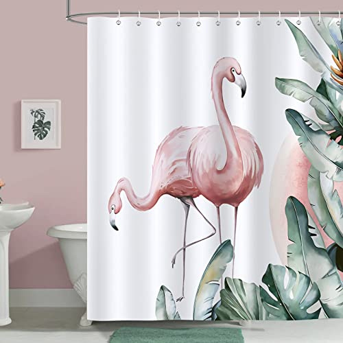 Bonhause Duschvorhang Rosa Flamingo Tropische Blätter Duschvorhänge 180 x 180 cm Anti-Schimmel Wasserdicht Polyester Stoff Waschbar Bad Vorhäng für Badzimmer mit 12 Haken