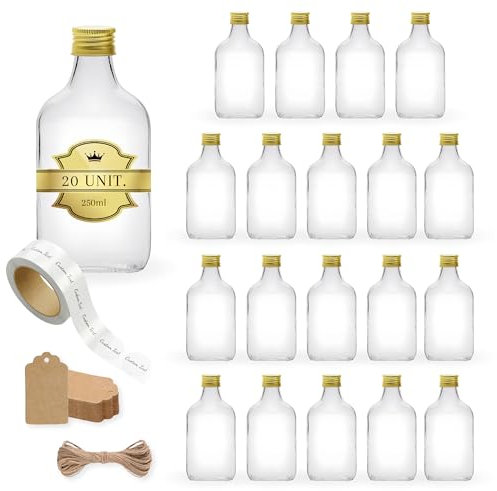 20 botellas de cristal de 250 ml, estilo de Flash, con tapón de rosca dorado, 20 etiquetas personalizadas + 20 etiquetas Kraft + cuerda – frasco para whiskey, ron, licor – frascos de bolsillo