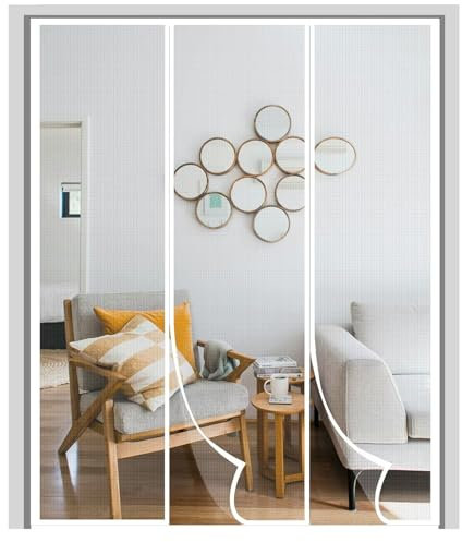 Fliegengitter Tür Magnet, 180x255cm Zusammenklappbar Magnetisches Moskitonetz,Mit Klettverschluss, für Balkontür Wohnzimmer Wohnwagen, Weiß