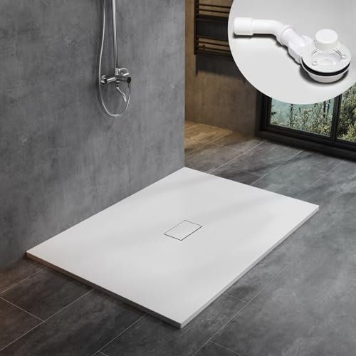 WITEN&NOCK SMC Duschwanne 120x100cm weiß Brausewanne Duschtasse extra flache Steinoptik Antirutsch inkl. Abdeckung und Ablaufgarnitur Ø90mm Siphon