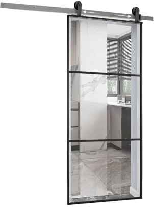 AVILIA Porta Scorrevole in Alluminio Nero con 3 Sezioni in Vetro Trasparente, 96x220 cm - Porta Moderno per Interni con Vetro Temperato, Kit da Assemblare, Elegante e Funzionale