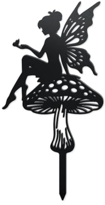 WADORN Elfen Gartendekoration Aus Metall, Elfe Silhouette Pfahlornamente Für Außenbereich Pilz Feenskulptur Statuen Gartenkunstdekor Für Hinterhof Frühlingsdekor Außenbereich