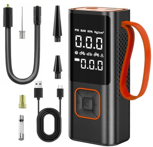 Batteridriven kompressor 80 W 7 800 mAh, bärbar 150 PSI-pump för däck, cykel (Presta), motorcykel, bollar och madrasser, LCD-skärm, bilstopp, LED-ficklampa, USB-C-laddning, kompakt pump
