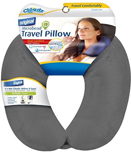 Cloudz Dual Comfort Microbead Airplane Travel Neck Pillow. Super Soft Cozy Plush Fabric on One Side, Cool Relaxing Spandex on The Other! Customize Your Comfort and Support at Home or On The Go! Grey