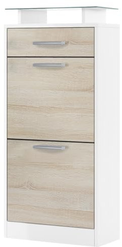 Vladon Zapatero Loret V2, Armario para Zapatos para 8 Pares de Zapatos con 2 Puertas abatibles, 1 Cajón y Estante de Cristal, Blanco Mate/Roble áspero (46 x 104 x 23 cm)