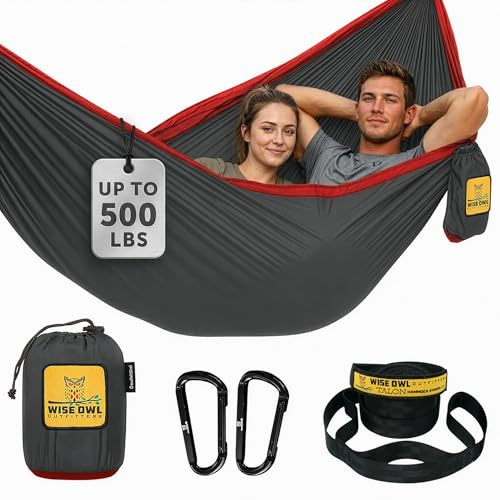 Wise Owl Outfitters Hängematte - Outdoor Hängematte für 2 Personen - Ultraleichte Reisehängematte - Belastbar bis 226 kg - Camping Zubehör - Inkl. Aufhängung u. Karabiner (Anthrazit und Rot)