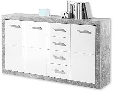 STONE Kommode mit Schubladen in Beton Optik, Weiß Hochglanz - Moderne Kommode mit viel Stauraum für Ihren Wohnbereich 152 x 88 x 37 cm (B/H/T)