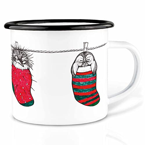Ligarti Emaille Tasse (leicht & robust) | Camping Becher handveredelt in Deutschland | Teetasse für Weihnachten, Kaffeetasse, Emaillebecher | Weihnachten (Sockentiere, 300ml)