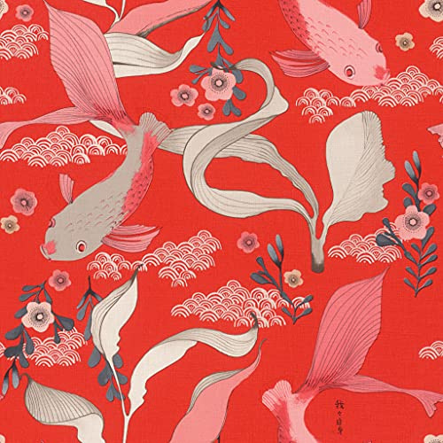 Rasch Tapeten 539844 - Vliestapete mit Koi-Karpfen in Rosé und Pflanzen in Grau auf rotem Hintergrund mit leichter, textiler Struktur aus der Kollektion Amazing – 10,05m x 53cm (LxB)