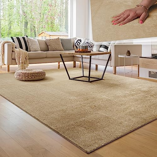 Paco Home Alfombra Moderna y Suave para Salón a Pelo Corto Lavable Fluffy Uni Efecto Piel Intemporal Elegante Antideslizante Fácil de Limpiar, tamaño:140x200 cm, Color:Beige 2