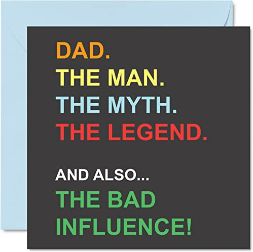 Stuff4 Lustige Vatertagskarten für Papa – Mann Myth Legend Bad Influence – Witz Happy Birthday Karte für Vater von Sohn Tochter, Banter Geschenke, 145 mm x 145 mm Vatergrußkarten Geschenk für Papa