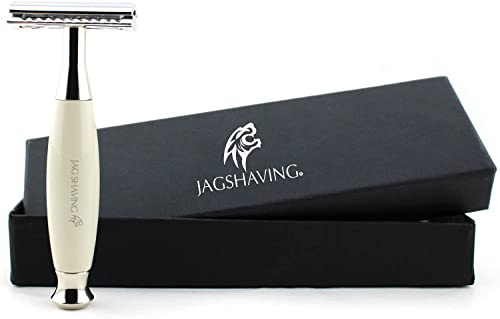 Jag Shaving Rasierhobel-Set – Double Edge Rasierklingen Rasierhobel – Lederetui – für Rasierhobel – für Männer und Frauen – Reisehobel – weiße Farbe
