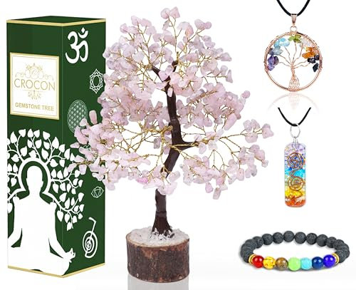 Rose quartz Crystal Tree of Life with Bracelet & 2 Pendants Feng Shui Gem Tree Decor Healing Crystals Spiritual Pink Gifts for Cute Home Room & Desk Decor, Gifts for Women, Girlfriend, Her & Sister