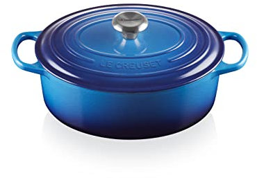 Le Creuset Signature Gusseisen-Bräter mit Deckel, Ø 29 cm, Oval, Für alle Herdarten und Induktion geeignet, Volumen: 4,7 l, 4,675 kg, Azure, 21178292202430