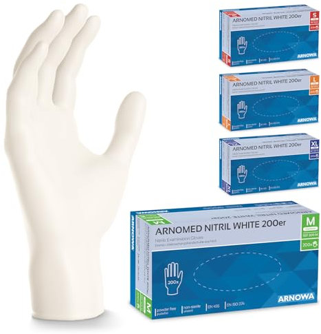 ARNOMED Guanti monouso bianchi, guanti in nitrile M, guanti monouso nitrile confezione da 200 pezzi, guanti nitrile senza polvere, guanti per alimenti senza lattice, guanti taglie S, M, L e XL.