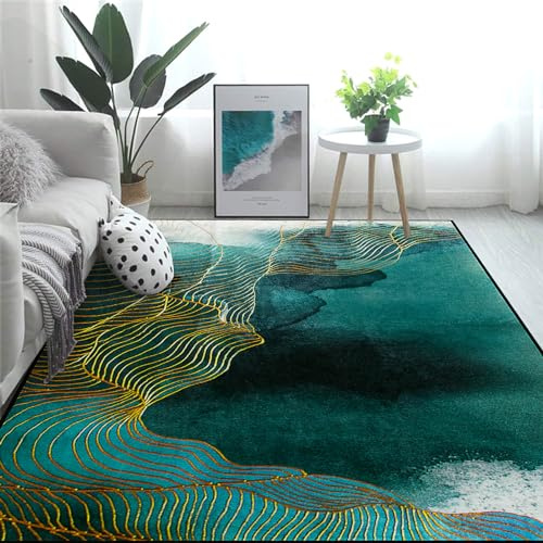 WAHIKASKI Großer Teppich 140 x 200 cm, Schlafzimmerteppiche, grünes abstraktes Design, goldene Linien, große Wohnzimmerteppiche, ideal für Schlafzimmer, Kinderzimmer, Kinder- und Babyzimmer.