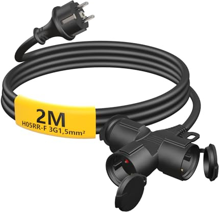 HUARUI Verlängerungskabel Outdoor 2m mit 3 Schuko-Steckdosen, Gummi Verlängerung 3500W mit Schutzkappe für den Außenbereich IP44, Stromkabel H05RR-F 3G1,5mm² mit 3-Fach Verteiler, 16A/250V, Schwarz