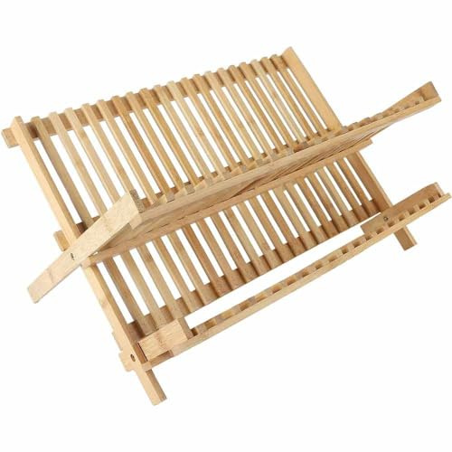 Vetrineinrete® Scolapiatti pieghevole per stoviglie in legno con 2 ripiani gocciolatoio da appoggio per piatti bicchieri