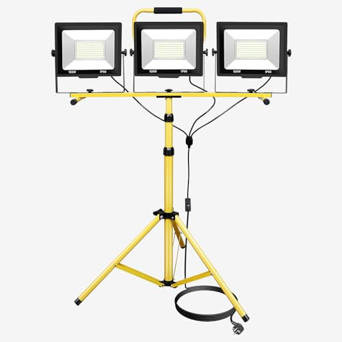 AUXTINGS 3 x 100W Proiettore LED da Lavoro, proiettori treppiede led faro faretto cavalletto telescopico con cavo di alimentazione da 5 metri per interni ed esterni cantiere garage,Luci da Officina